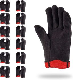 144 Pack Red Fleece Lined Brown Jersey Gloves 14oz Men's size. Reusable Washable Glove with Open Cuff; Gunn Cut Pattern. Plain Breathable Gloves. Prot