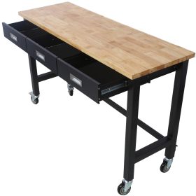 60in Work Bench, Workbench with Drawer Storage, Heavy Duty Bamboo Wood Work Table with Wheels for Garage Home Office