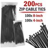 200PCS Cable Ties Zip Nylon Black Nylon Wire Wrap Tie UV Weather Resistant